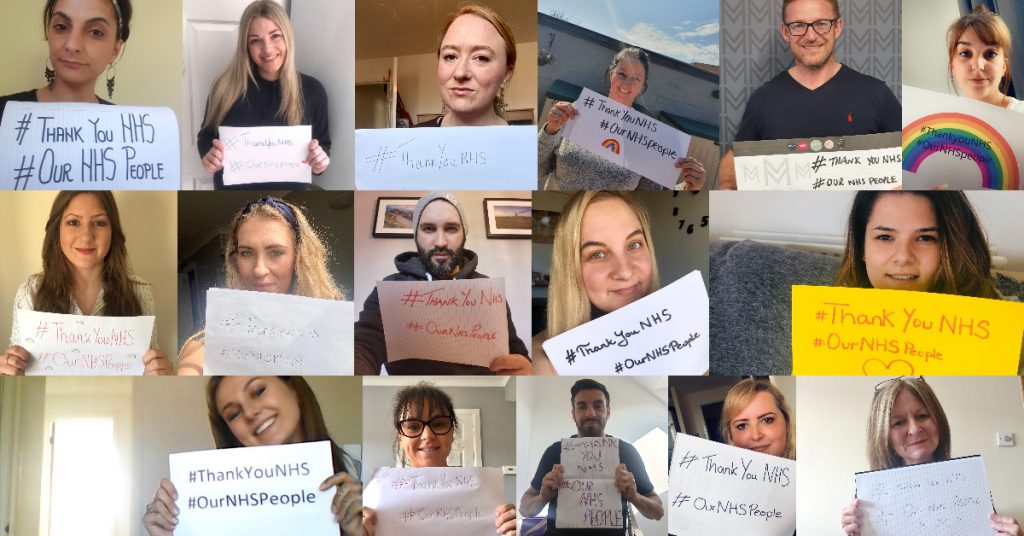 Photo collage of Mploy employees holding up hashtag signs for the weekly clap for carers during lockdown